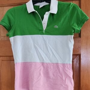 Lacoste Green, White, and Pink Polo Shirt